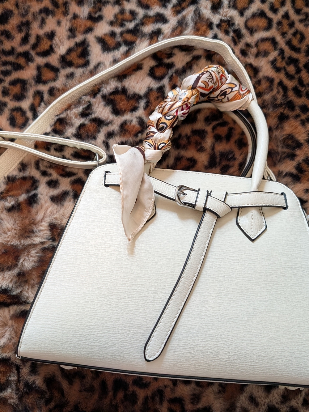 Structured White Top-Handle Satchel with Scarf Accent